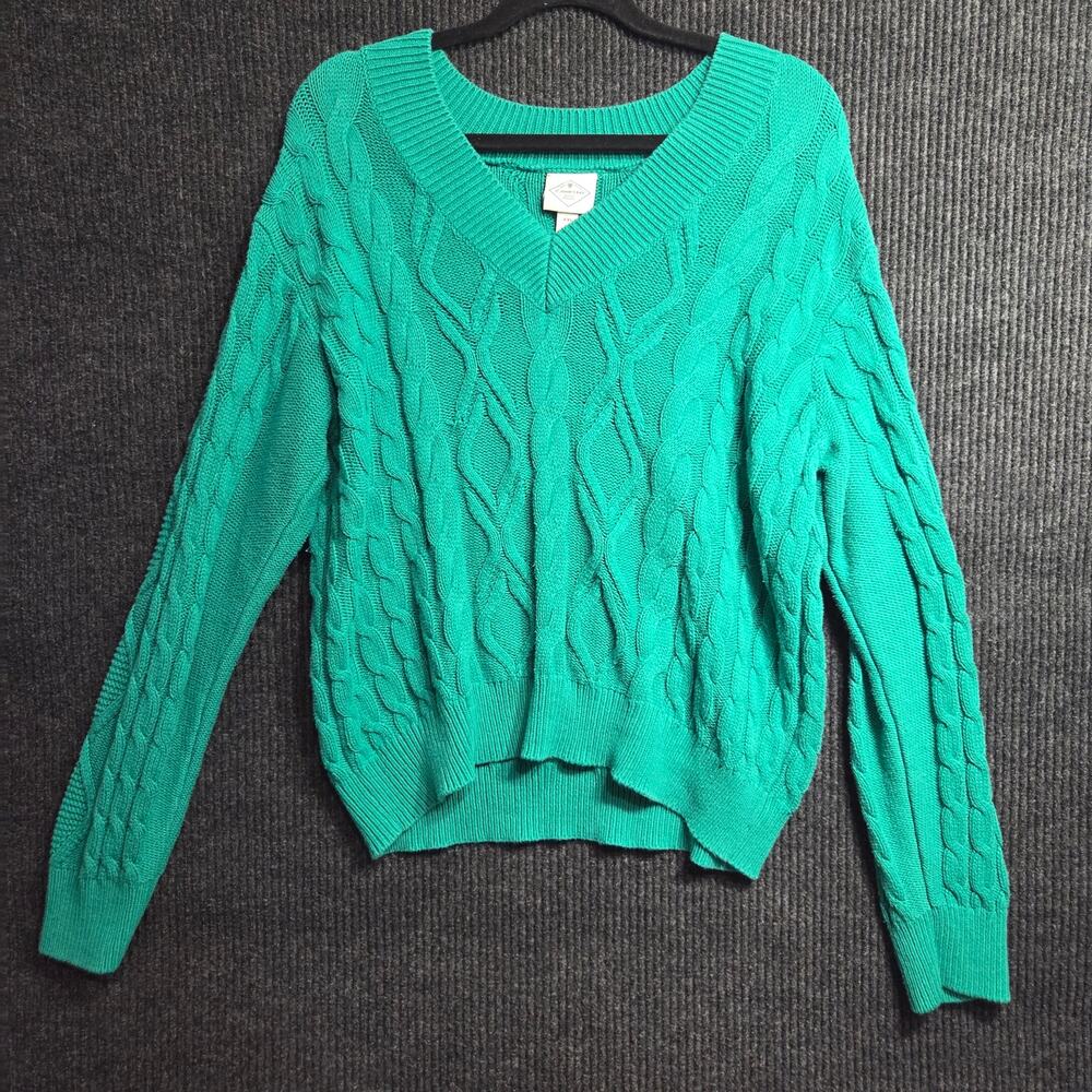 St Johns Bay Cable Knit Green V-Neck Sweater Cotton Blend Knit Top Women's 2XL